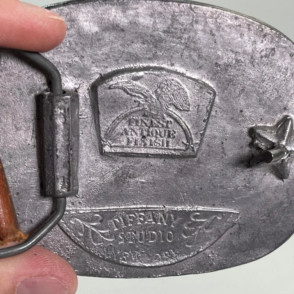 vtg Tiffany Studio NY Fireman Belt Buckle Full Grain Steerhide‎ Leather Belt 36